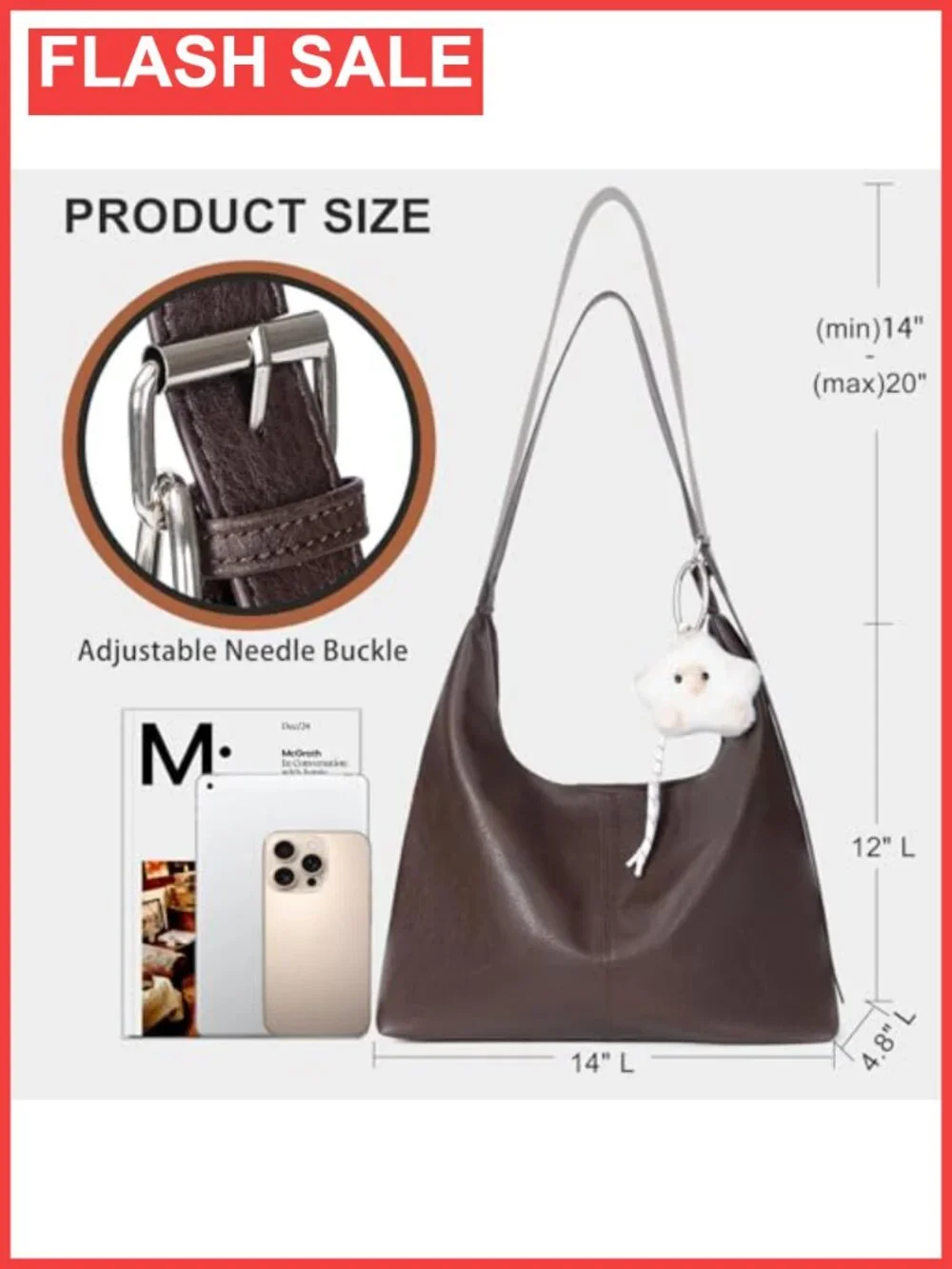 Slouchy Hobo Bag Vegan Leather Shoulder Tote Purse with Zipper